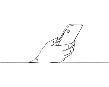 Beyaz arkaplanda siluet simgesiyle akıllı telefonu çevrimiçi tutmanın kesintisiz bir çizimi. Doğrusal biçimlendirilmiş.