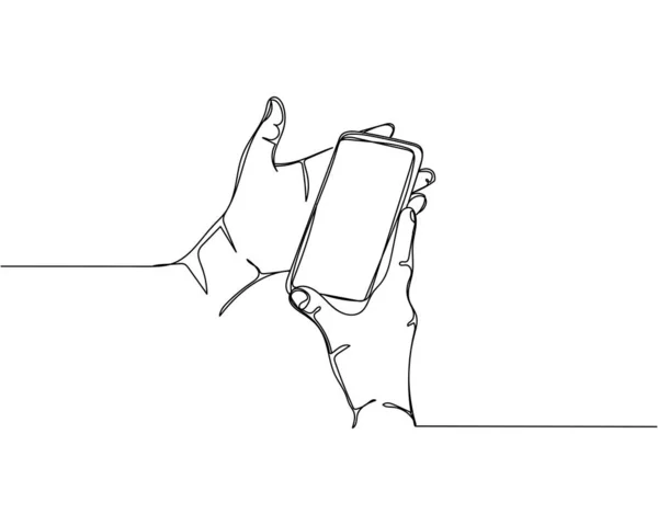 Dessin Continu Une Ligne Des Mains Tenant Téléphone Intelligent Dans — Image vectorielle