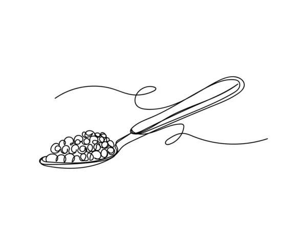 Kontinuierliche Einzeilige Zeichnung Eines Löffels Mit Frischem Lachskaviar Silhouette Auf — Stockvektor