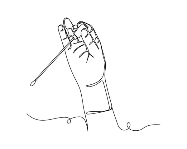 白い背景にシルエットで試験管コロナウイルスを保持医療用手袋で手の医師の連続的な1行の図面 線形形式 — ストックベクタ