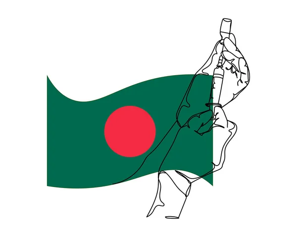 在孟加拉国背景旗的白底轮廓上连续绘制单行手持式注射器接种苗头牛 线性风格化 — 图库矢量图片
