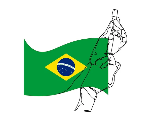 Desenho Contínuo Uma Linha Vacinação Com Seringa Mão Coronavírus Bandeira —  Vetores de Stock