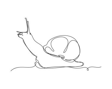 Beyaz arka planda sürekli olarak bahçe salyangozu simgesi çizimi. Doğrusal biçimlendirilmiş.