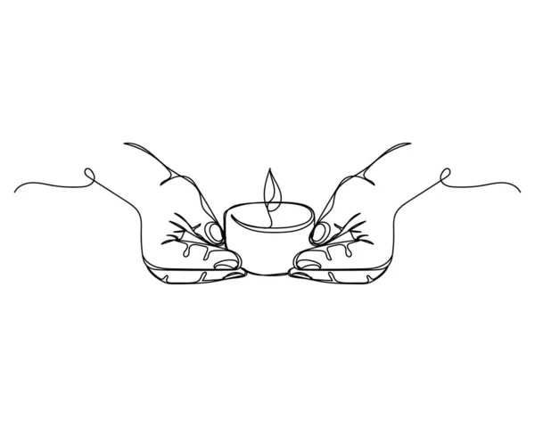 Continuous One Line Drawing Woman Hands Holds Candles Icon Silhouette — Stock Vector