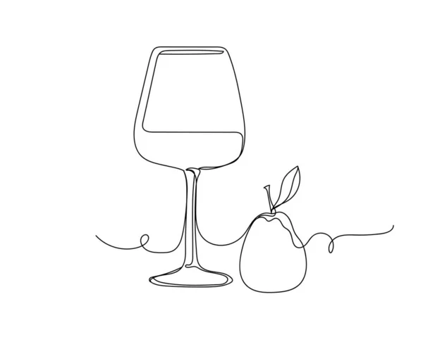 Kontinuierliche Einzeilige Zeichnung Von Wein Mit Fruchtbirnensymbol Silhouette Auf Weißem — Stockvektor