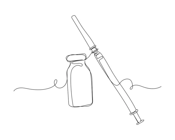 Kontinuierliche Einzeilige Zeichnung Der Flasche Mit Spritze Impfstoff Medical Silhouette — Stockvektor