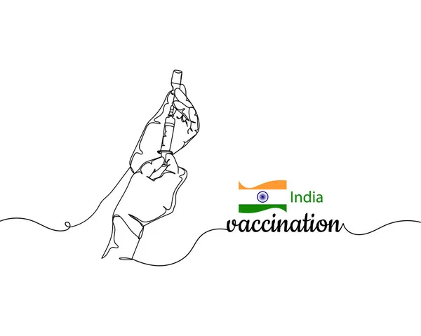 在印度背景旗上的白色背景上连续绘制单行手持式注射器疫苗注射器卡洛纳韦尔斯 线性风格化 — 图库矢量图片