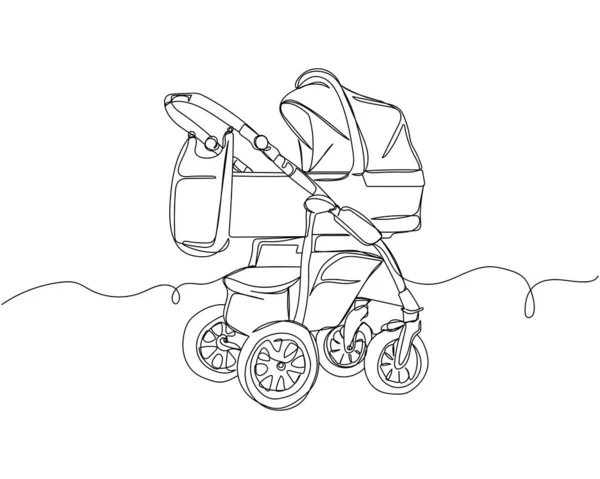 Continuous One Line Drawing Baby Carriage Modern Pram Silhouette White — Stock Vector