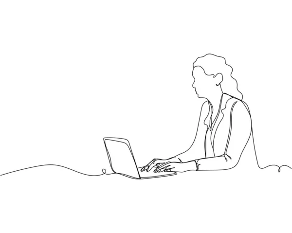 连续一行画的女商人坐在笔记本电脑上 背景是白色的 线性风格 极简主义 — 图库矢量图片
