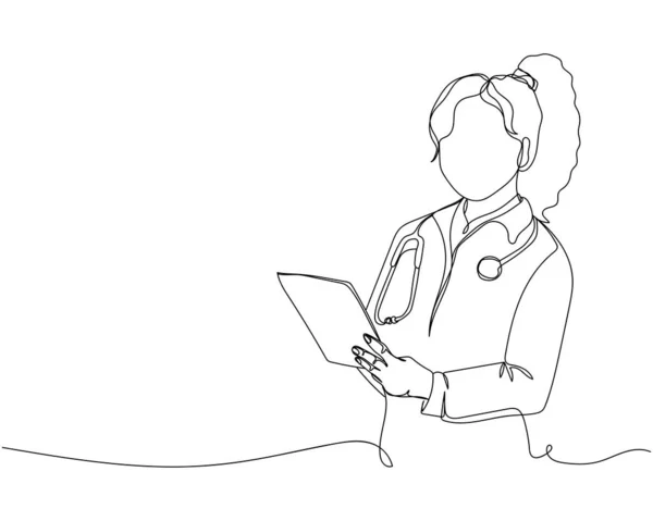 Disegno Continuo Una Linea Medico Donna Che Tiene Diagnosi Silhouette — Vettoriale Stock