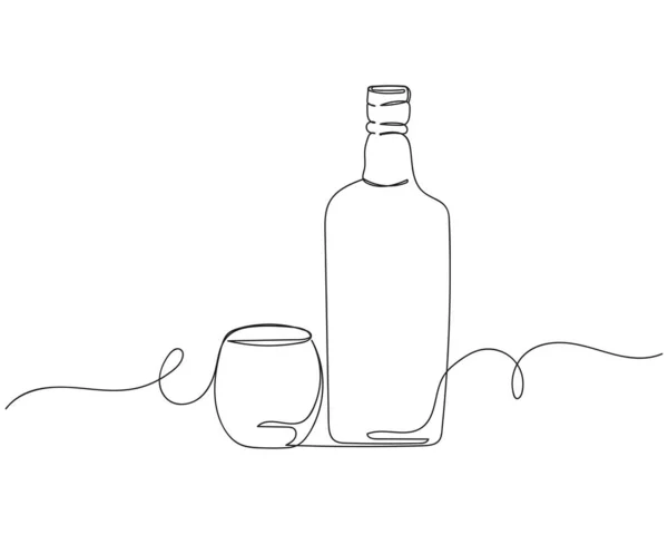 Συνεχές Σχέδιο Μιας Γραμμής Ουίσκι Μπουκάλι Και Ποτήρια Σιλουέτα Λευκό — Διανυσματικό Αρχείο