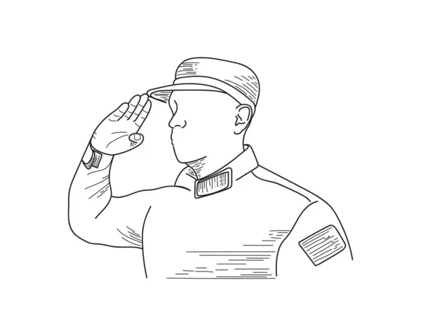 在白色背景上向轮廓中的图标致敬的矢量插图士兵 — 图库矢量图片
