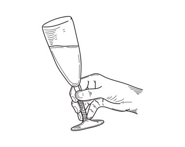 Çizim, oyma, mürekkep, çizgi sanatı, vektör illüstrasyonlu el şampanya tutarken mutlu yıllar beyaz arka planda.