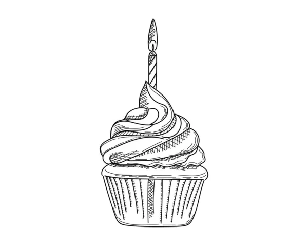 Dessin Gravure Encre Dessin Ligne Illustration Vectorielle Cupcake Anniversaire Avec — Image vectorielle