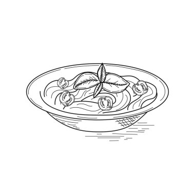 Çizim, oyma, mürekkep, çizgi sanatı, vektör illüstrasyonu İtalyan yemeği konsepti, beyaz arka planda silüetle çizilmiş lezzetli makarna..