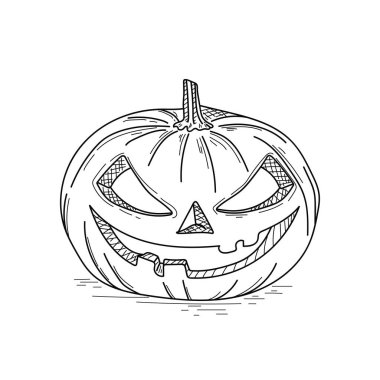 Çizim, oyma, mürekkep, çizgi sanatı, vektör çizimi, balkabağı kafası resmi beyaz arka planda silüetle çizilmiş..