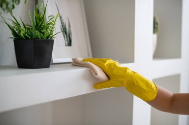 Profesyonel temizlik servisi, oda servisi. Oturma odasında temizlik ve temizlik var. Sarı eldivenli hizmetçi paçavrayla tozları temizler.