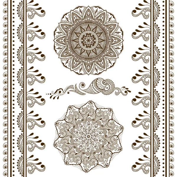 Conjunto vectorial de elementos decorativos dibujados a mano en estilo étnico indio. Colección de cepillos de patrón en el interior — Vector de stock
