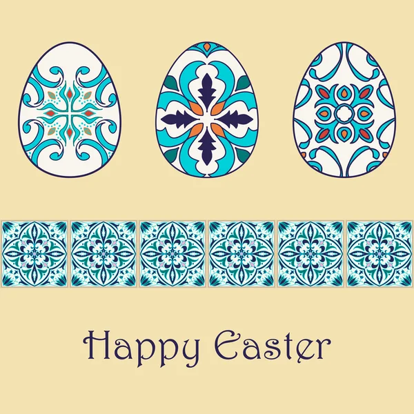 Set of vector isolated easter eggs with beautiful azulejos ornaments. Happy Easter background with decorative border — Stock Vector
