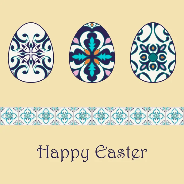 Set of vector isolated easter eggs with beautiful azulejos ornaments. Happy Easter background with decorative border — Stock Vector