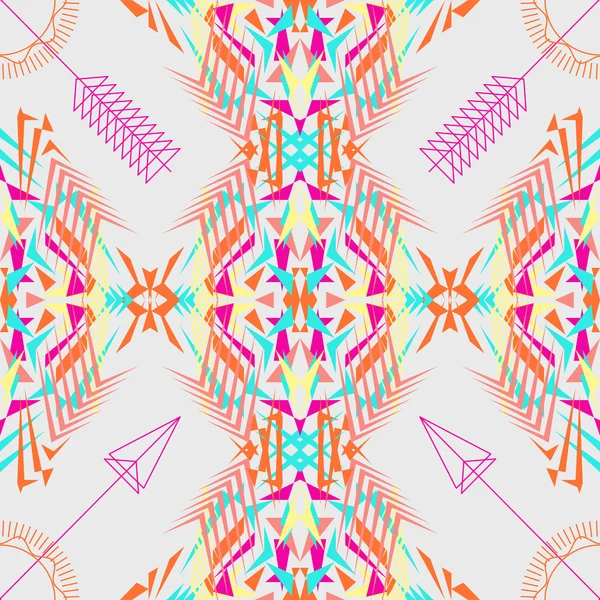 Textura sin costura vectorial. Patrón geométrico tribal con flechas. Tendencia electro boho color. Estilo ornamental azteca — Archivo Imágenes Vectoriales