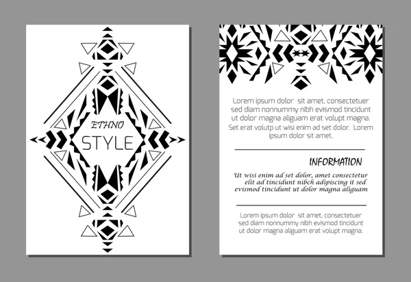Conjunto de plantillas de folletos geométricos vectoriales en blanco y negro para empresas e invitaciones. Étnico — Vector de stock