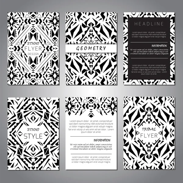 Conjunto de modelos de brochura em preto e branco geométricos vetoriais para negócios e convite. Etnia — Vetor de Stock