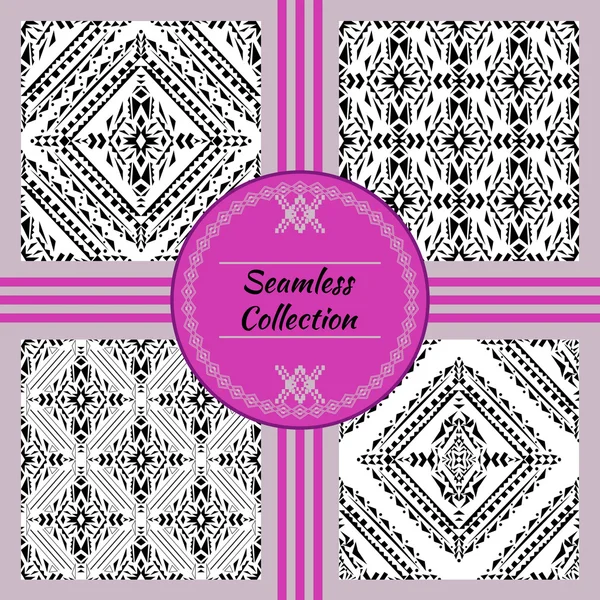 Vector seamless texture. Set of black and white tribal geometric patterns — Stock Vector