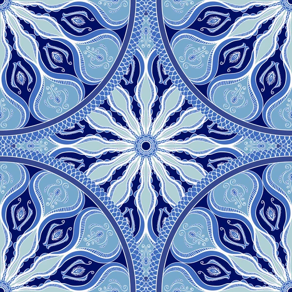 Textura sin costura vectorial. Hermoso patrón azul mandala para el diseño y la moda con elementos decorativos — Archivo Imágenes Vectoriales