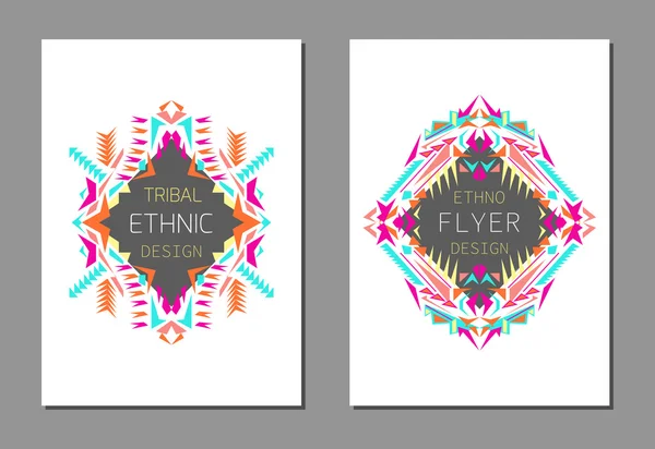 Vector set of geometric colorful brochure templates for business and invitation. Ethnic, tribal, aztec style. A4 layout format — Stock Vector