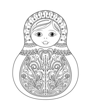 Vektör boyama kitabı yetişkin ve çocuklar - Rus matrioshka bebek için. Çizilmiş zentangle çiçek ve etnik süslemeli el