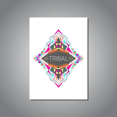 Vektör geometrik renkli broşür şablonu iş ve davet için. Etnik, aşiret, Aztek tarzı. A4 düzeni biçimi