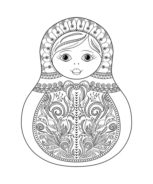 Vektör boyama kitabı yetişkin ve çocuklar - Rus matrioshka bebek için. Çizilmiş zentangle çiçek ve etnik süslemeli el