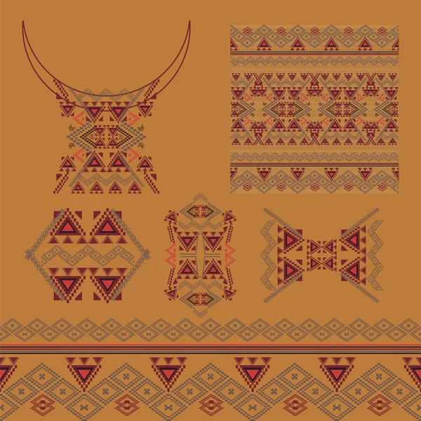 Conjunto vetorial de elementos decorativos para design e moda em estilo étnico tribal. Decote, borda, padrões e textura sem costura —  Vetores de Stock
