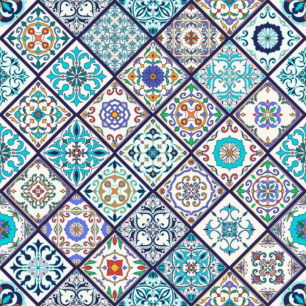 Textura sin costura vectorial. Hermoso patrón de mega patchwork para el diseño y la moda con elementos decorativos — Vector de stock