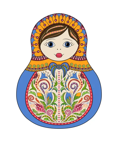 Vektör Rus Halk süs matrioshka bebek. Çizilmiş zentangle çiçek ve etnik süslemeli el — Stok Vektör