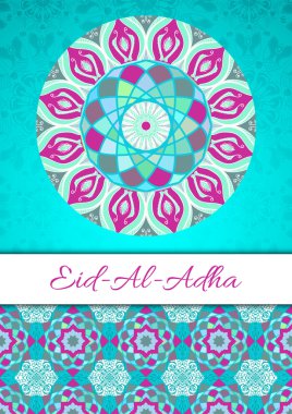 Vector greeting card to Feast of the Sacrifice (Eid-Al-Adha). Congratulation's background with text and mosaic mandalas patterns clipart