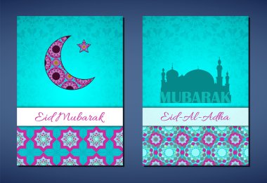 Set of vector greeting cards to Feast of the Sacrifice (Eid-Al-Adha). Congratulation's backgrounds with text and muslim symbols clipart