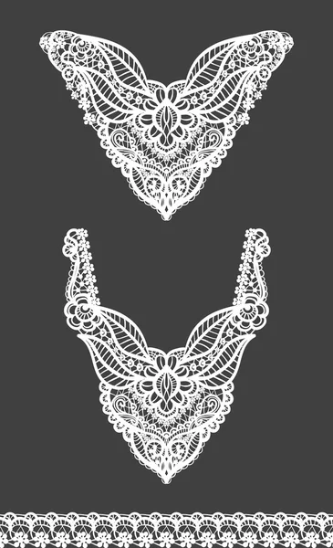 Conjunto vectorial de escotes florales y diseño de bordes de encaje para la moda. Flores y hojas estampado cuello. Adorno de encaje en el pecho — Vector de stock