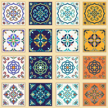 Vektör Portekizce fayans ayarlayın. Tasarım ve moda için güzel renkli desenler
