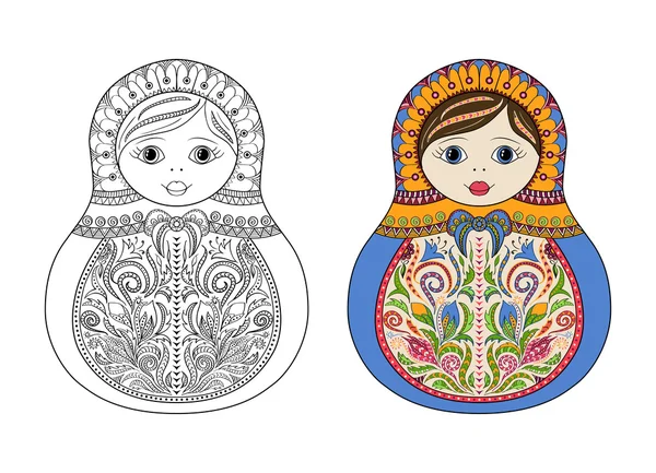 Vector coloring book for adult and kids - russian matrioshka doll. Hand drawn zentangle with floral and ethnic ornaments — Stock Vector