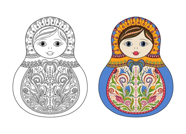 Vector målarbok för vuxen och barn - ryska matrioshka doll. Hand dras zentangle med blommig och etniska prydnader — Stock vektor