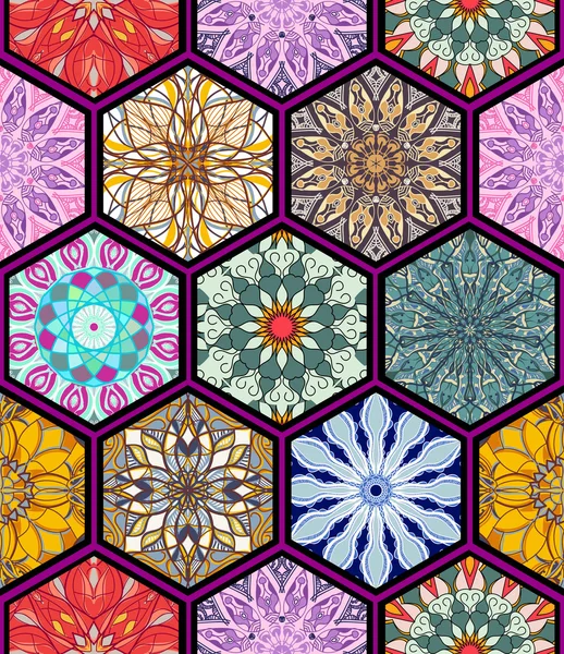 Texture vectorielle transparente. Magnifique motif mosaïque méga patchwork pour le design et la mode avec des éléments décoratifs en forme d'hexagone — Image vectorielle