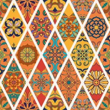 Vektör sorunsuz doku. Güzel patchwork desen tasarım ve moda rhombus dekoratif elemanları ile için