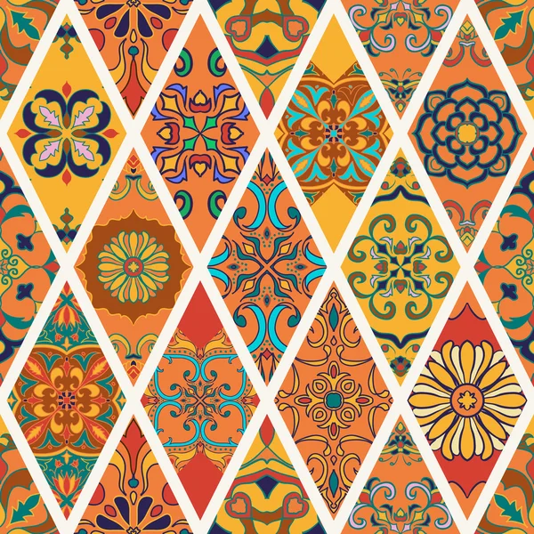 Textura sin costura vectorial. Hermoso patrón patchwork para el diseño y la moda con elementos decorativos en rombo — Archivo Imágenes Vectoriales