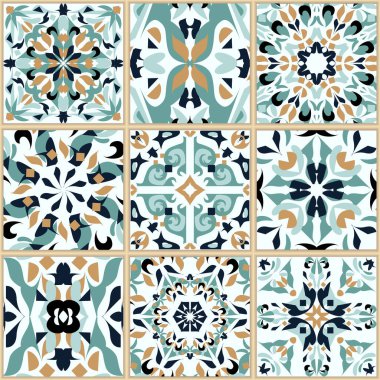 Kare kiremitli vektör mozaik yama süsü. Kusursuz bir doku. Portekizli azulejos dekoratif desen. Doğu tarzında dekoratif kare tasarımı