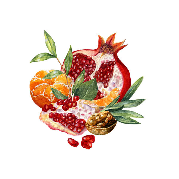 Состав с акварелью гранат, мандарин, грецкий орех, ломтик, семена и зелени. Паштет с фруктами. Дизайн продуктов питания для упаковки или приглашения. Печать с натуральными органическими элементами