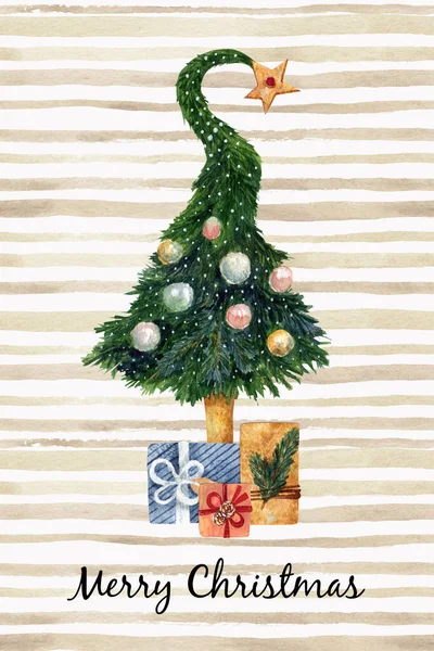 水彩画圣诞贺卡 用自然手绘出新年的元素 圣诞树和条纹背景的礼物 用文字祝贺的设计 — 图库照片