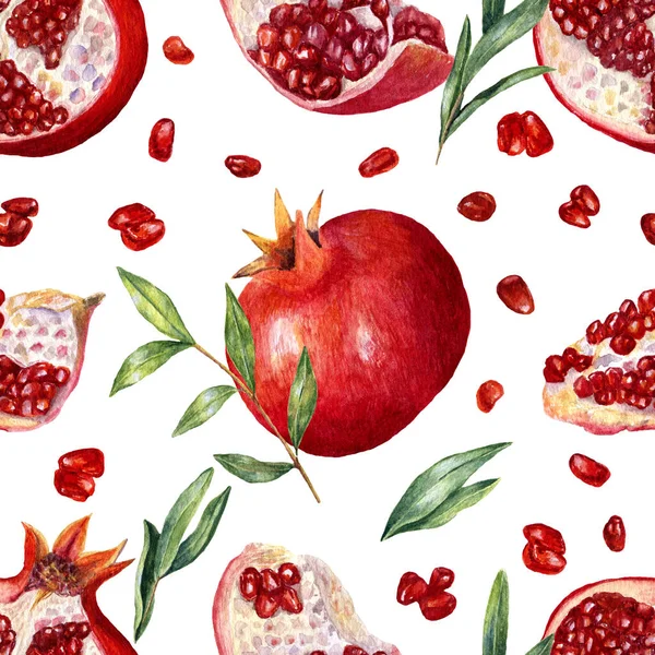 Zökkenőmentes Textúra Akvarell Gránáttal Szelettel Magokkal Zöldséggel Minta Trópusi Gyümölcsökkel — Stock Fotó