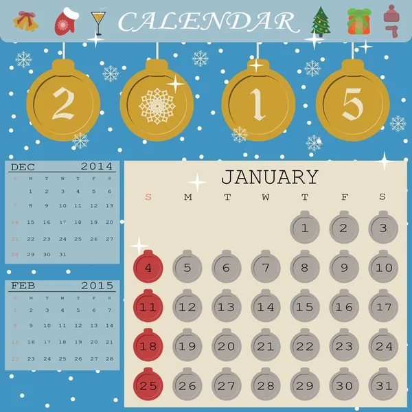 Calendrier 2015 nouvelle année design plat. Janvier — Image vectorielle